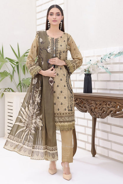 Pakistani Modest Fashion Bana Dora Beige Khaki Kurta with Floral Printed Dupatta by Aamsah