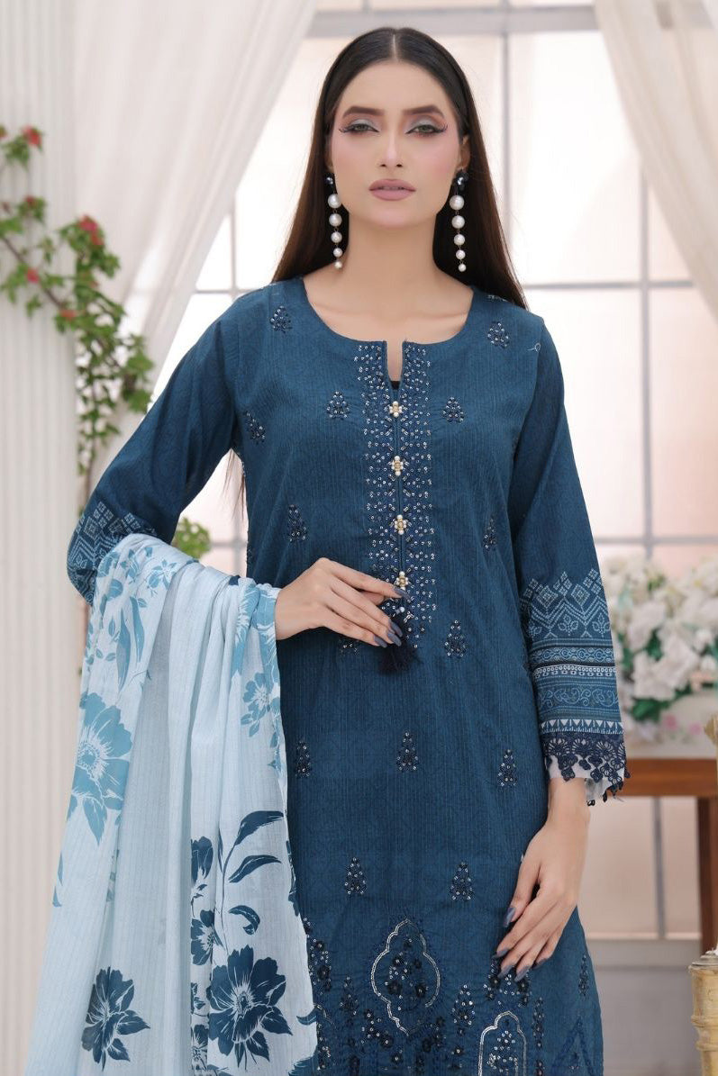 Aamsah Bana Dora Oceanic Teal Blue Embroidered 3-Piece Lawn Suit with Chiffon Floral Dupatta