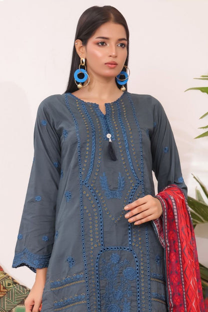 Desi festive women’s stitched Chikankari suit by Aamsah with trousers and dupatta