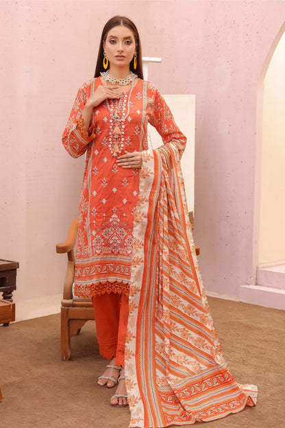 pakistani stitched lawn suit burnt orange with ivory floral embroidery