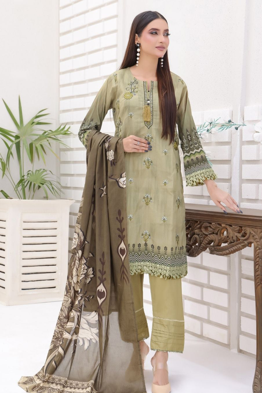 pakistani stitched lawn dress dusty olive with lace detailed sleeves