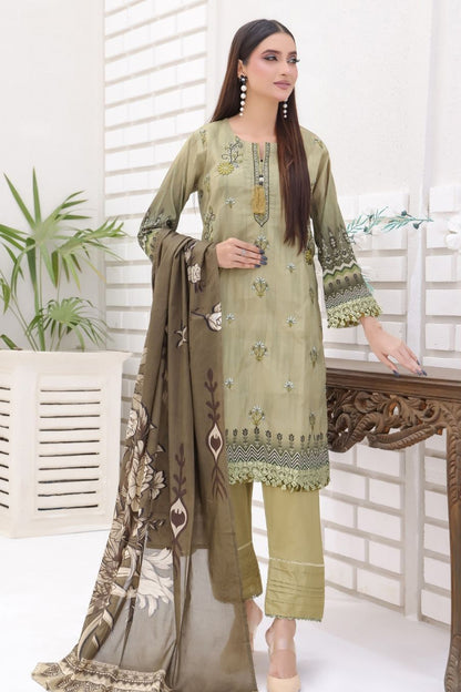 pakistani stitched lawn dress dusty olive with lace detailed sleeves