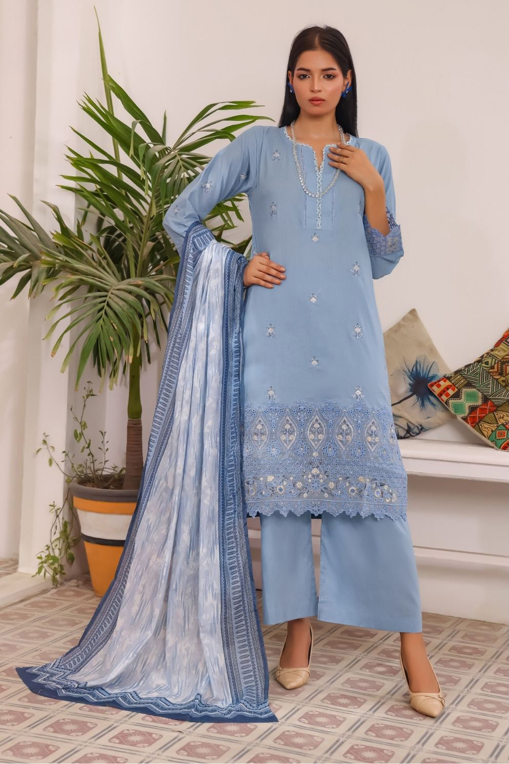 pakistani dresses online usa Powder Sky Chikan Kari 3-Piece Suit