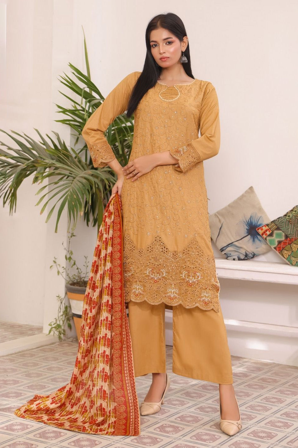 Aamsah Golden Ochre Stitched Pakistani Suit with Printed Dupatta Online USA