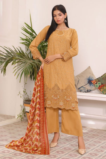 Aamsah Golden Ochre Stitched Pakistani Suit with Printed Dupatta Online USA