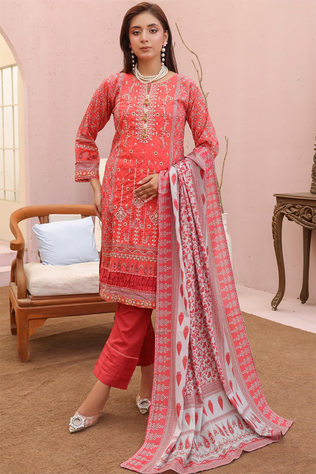 pakistani stitched lawn suit blush coral with ivory embroidery for eid wear