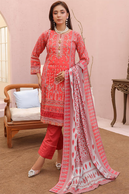 pakistani stitched lawn suit blush coral with ivory embroidery for eid wear