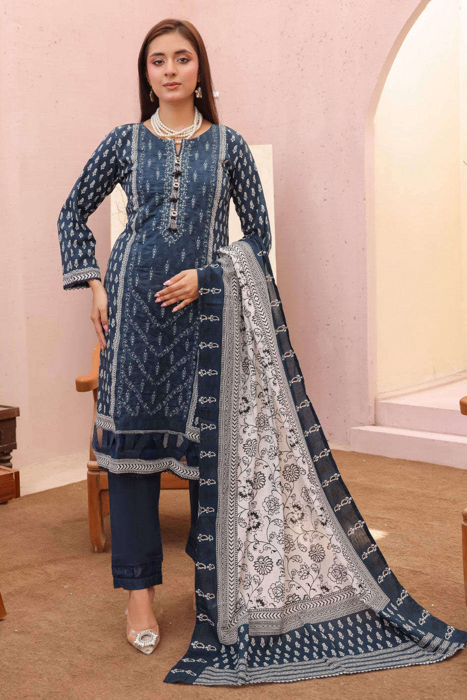 pakistani stitched lawn suit in midnight teal color for festive wear