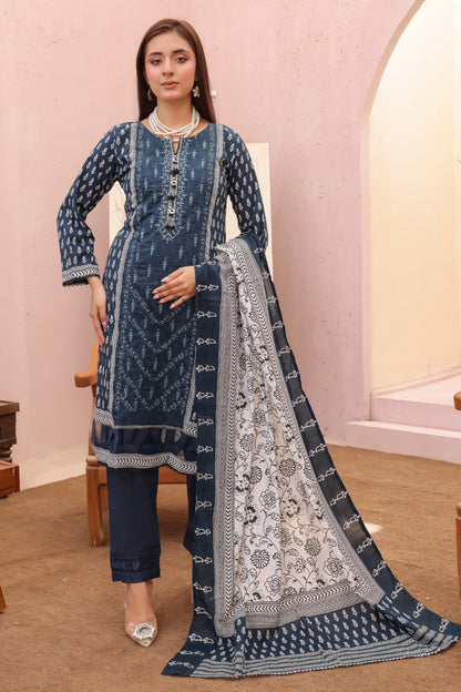 pakistani stitched lawn suit in midnight teal color for festive wear