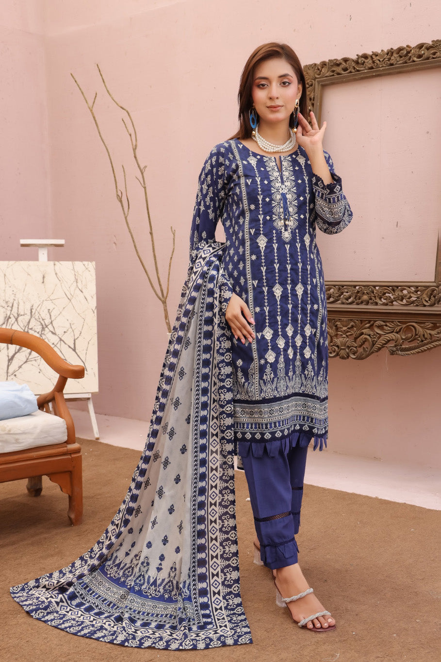 pakistani stitched lawn suit royal navy with ivory embroidery similar to j dot and iznik