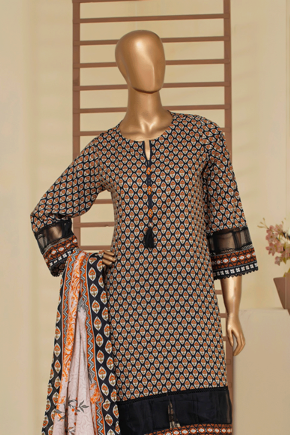 Elegant black cambric cotton 3-piece set by Aamsah with burnt orange prints, ideal for casual wear and semi-formal occasions.