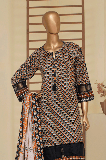 Elegant black cambric cotton 3-piece set by Aamsah with burnt orange prints, ideal for casual wear and semi-formal occasions.