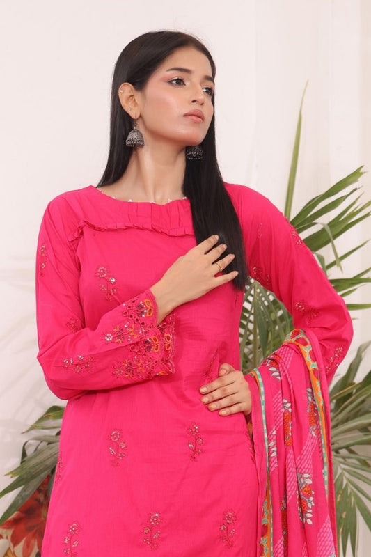 Rani Pink stitched Chikan Kari 3-piece Pakistani suit with printed dupatta – Aamsah

