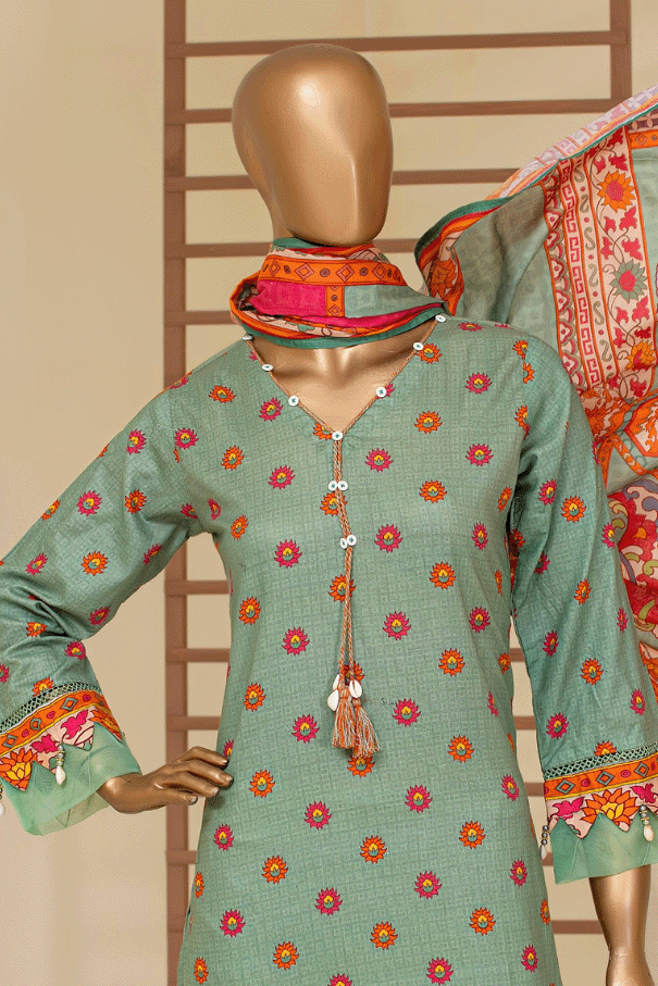 Modern Pakistani and Indian fashion teal green suit, highlighted by vibrant orange and pink floral designs and premium tailoring.