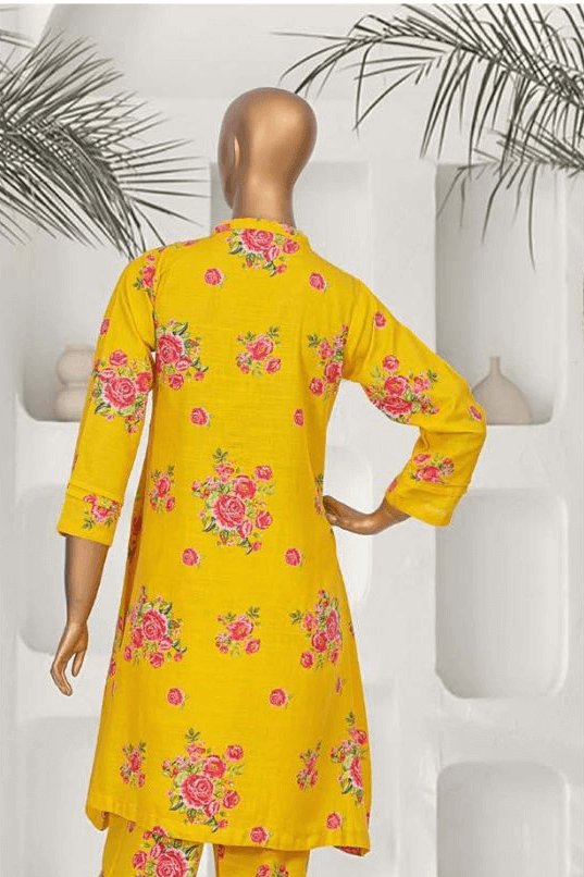 Bright yellow floral printed Khaddar 2-piece outfit for women, perfect for a warm and stylish winter look by Aamsah.