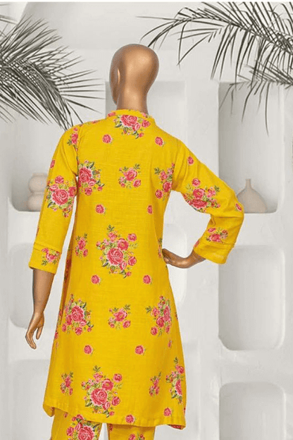 Bright yellow floral printed Khaddar 2-piece outfit for women, perfect for a warm and stylish winter look by Aamsah.