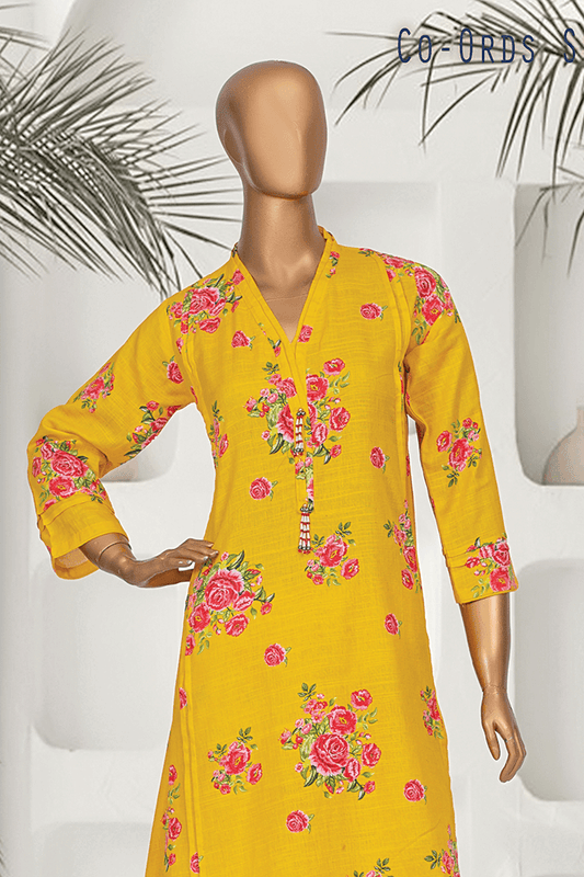 Yellow floral Khaddar 2-piece co-ords set for women by Aamsah, featuring a V-neck kurta and straight-leg pants for winter wear.