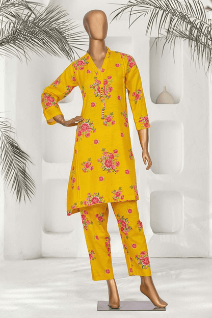 Modest fashion yellow Khaddar co-ords set with pink floral prints, ideal for casual and semi-formal winter outfits.